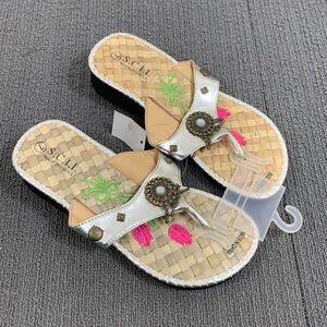 SCII Flip Flops Womens Size 7 Silver Straw Embroidered Wedge Thong Sandals New